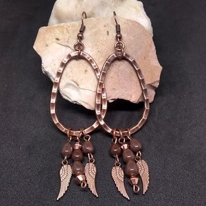 Copper Hoop Feather Charm Handmade Earrings